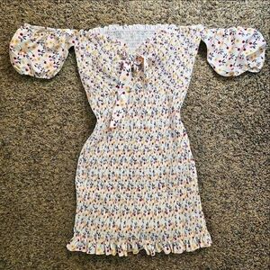 Smocked Off‑Shoulder Cherry Floral Puff Sleeve Dress Size O/S